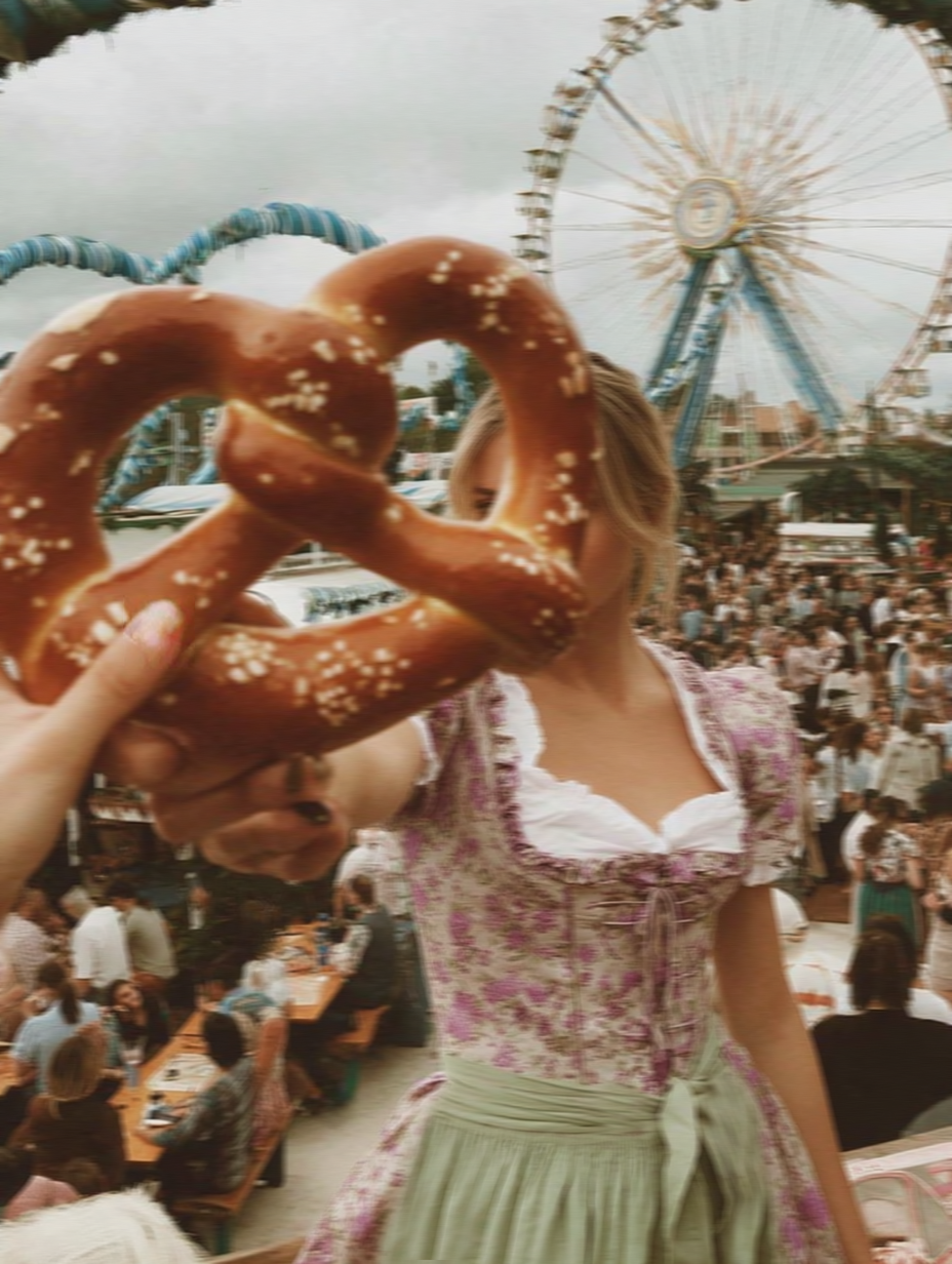 Girl holding a large pretzel with a Ferris wheel at Oktoberfest in the background with rented dirndl for Oktoberfest 2025