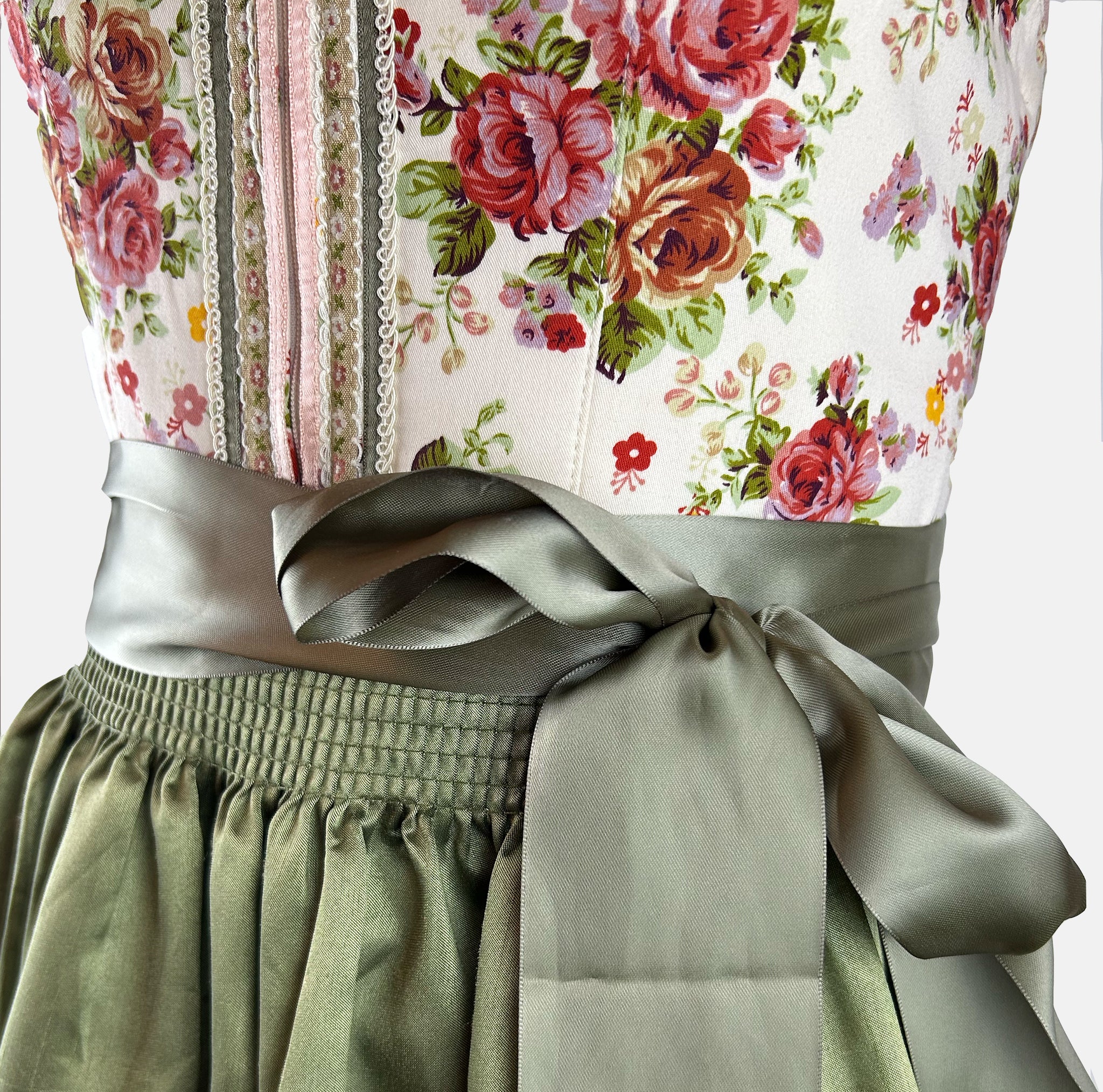 Krüger Madl pink-green midi dirndl with rose-patterned bodice and checked skirt for rent