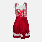 Red Bavarian rental dirndl by La Montana with lace-up bodice, floral trim, and red apron, available at Versatile OTM in Munich, owned by Beer&Pretzel Tours.