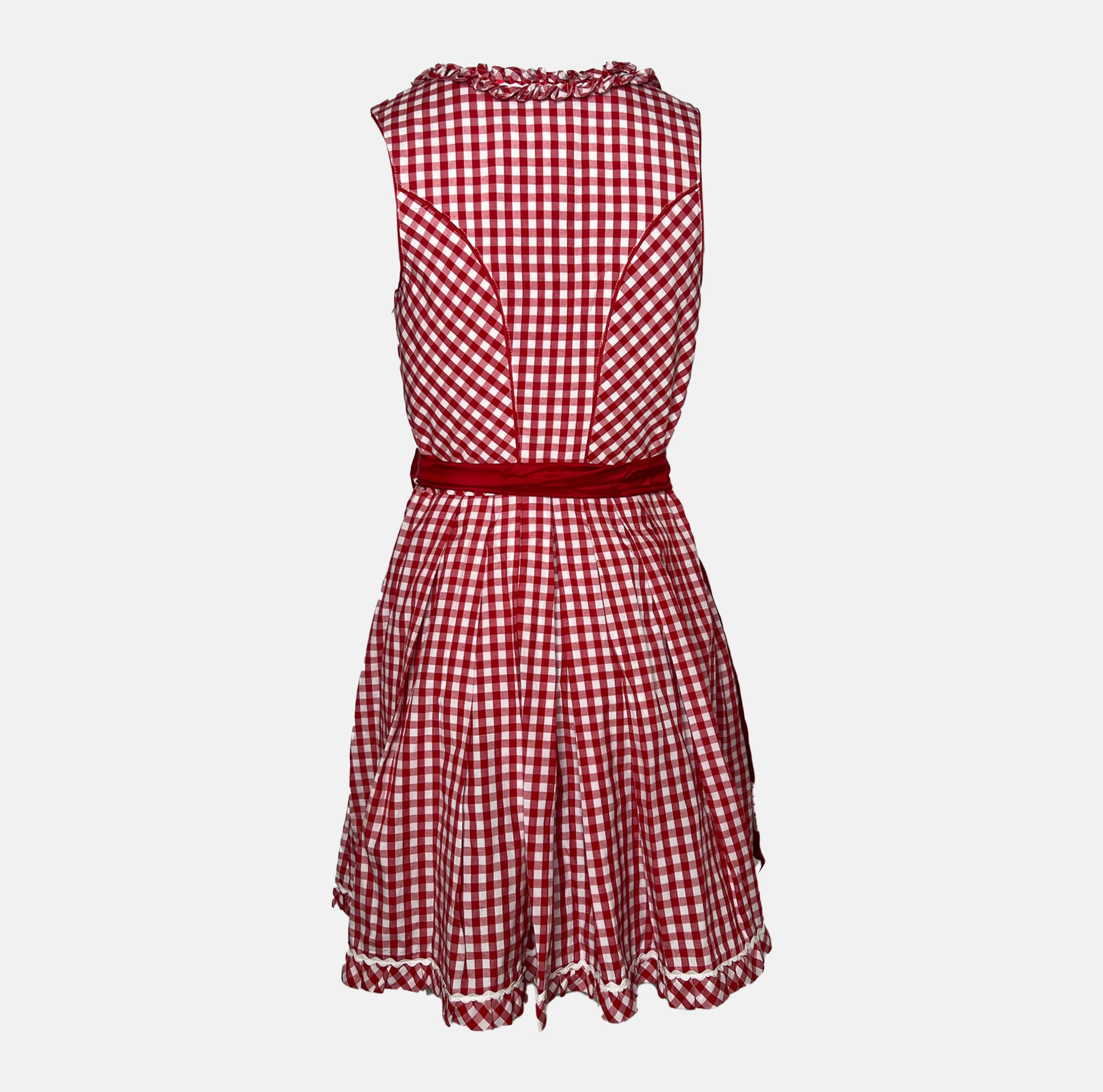 Red Bavarian rental dirndl by La Montana with lace-up bodice, floral trim, and red apron, available at Versatile OTM in Munich, owned by Beer&Pretzel Tours.
