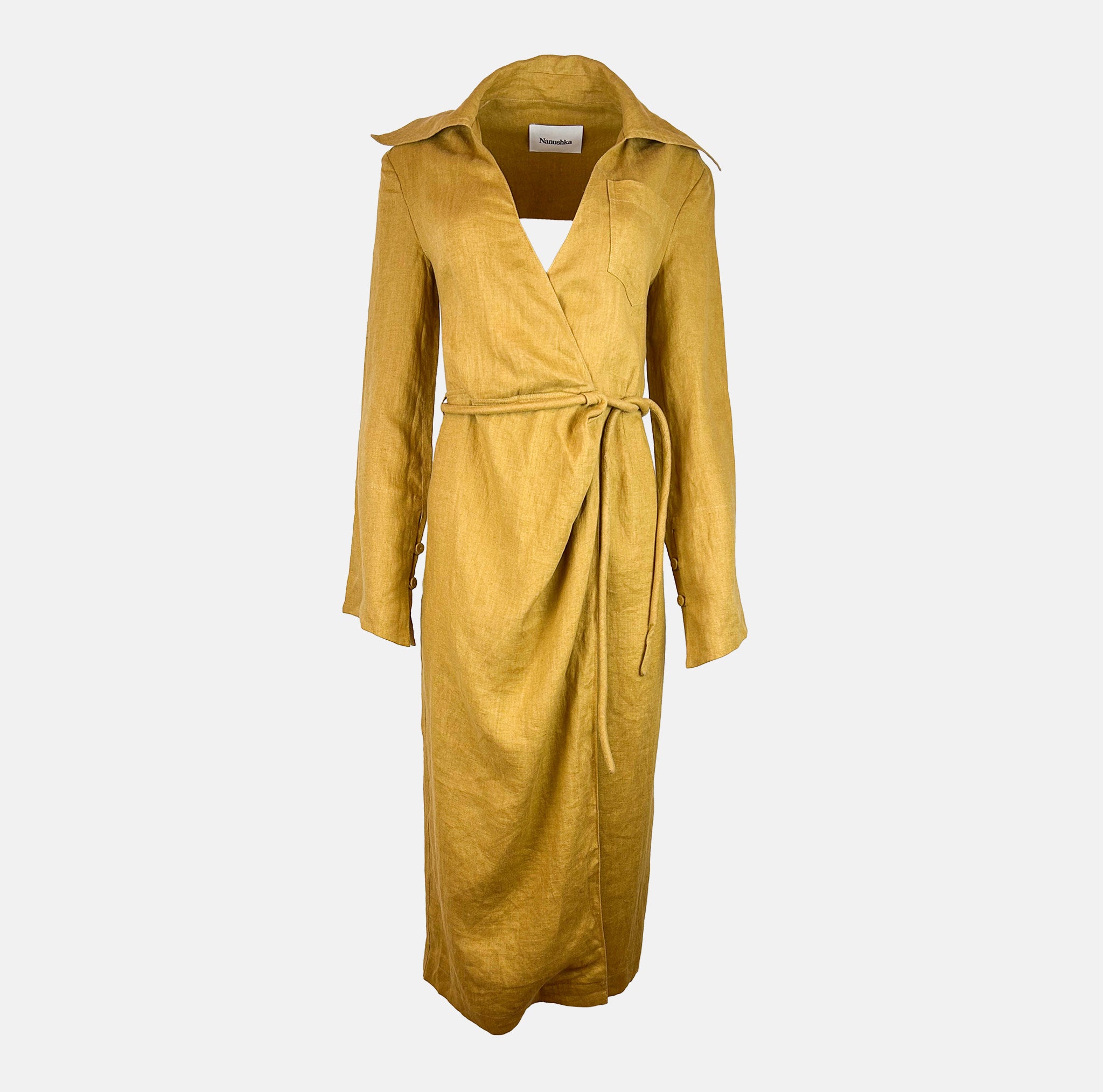 nanushka linen dress $545 Nanushka Women's Pink Linen Open Back Split Neck Wrap Dress Size XXS