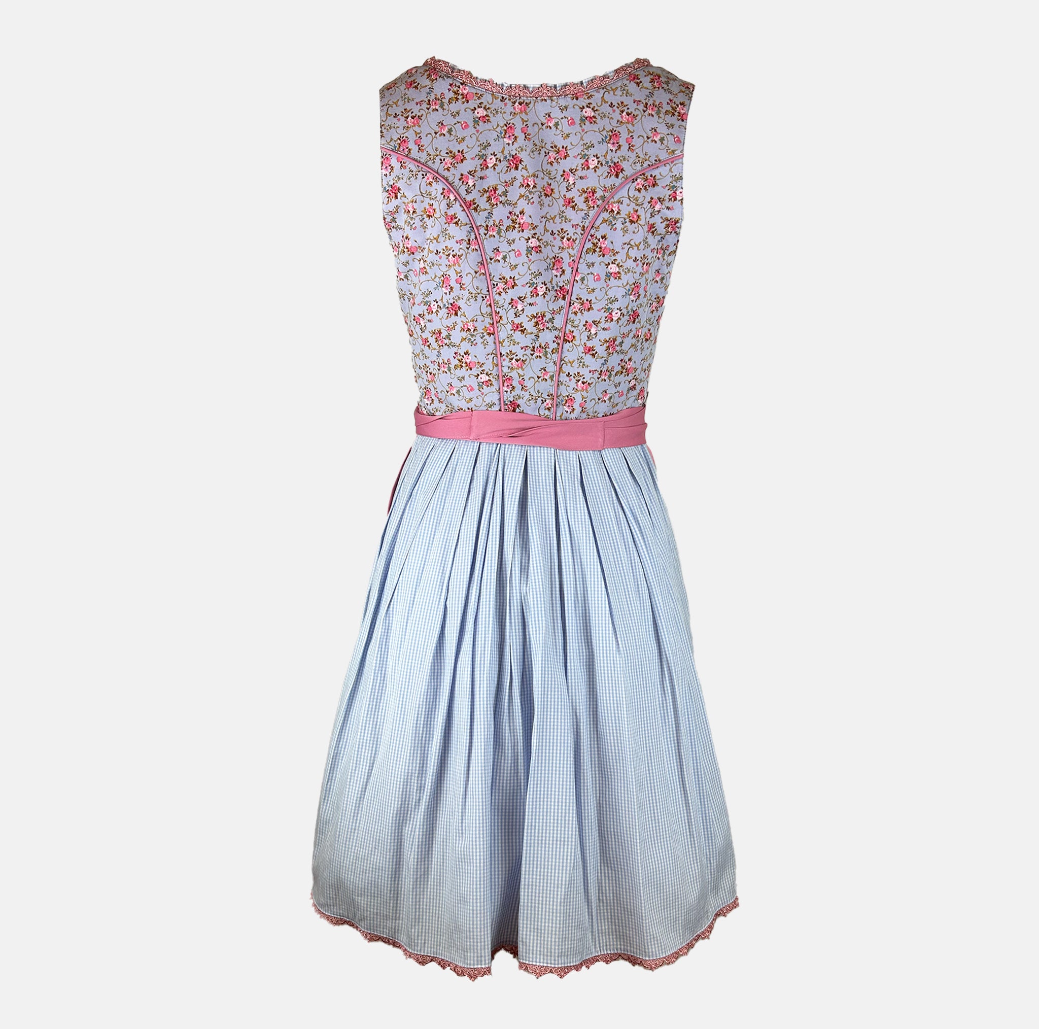 Traditional German dirndl dress with floral top and pink skirt 