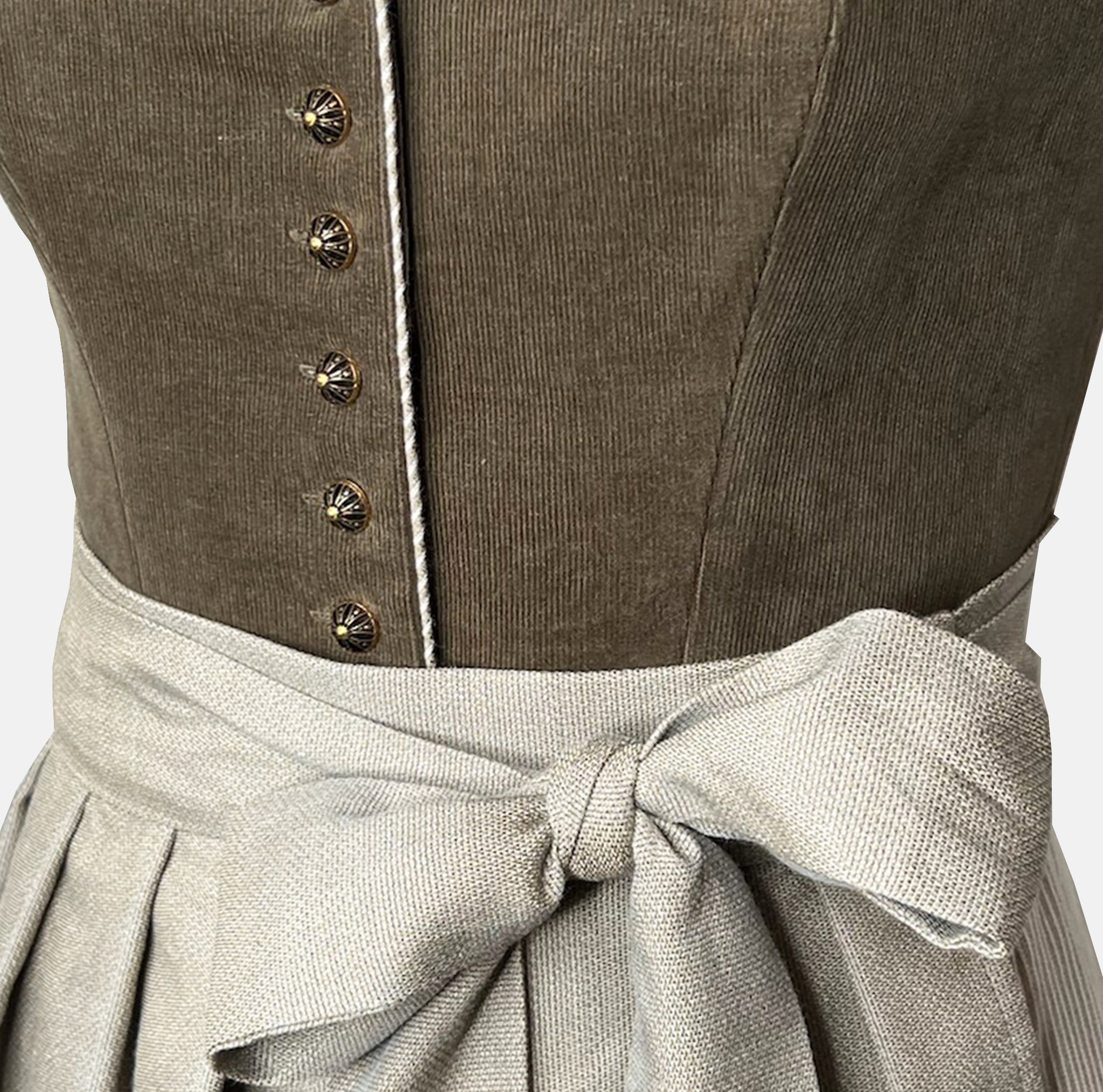 High-quality Alpenherz Dirndl Marie in olive cord with removable wing sleeves – fashionable, modern, and perfectly on trend for Oktoberfest.