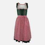 Angermaier Dirndl  rental via Versatile – dark green bodice with floral details, zip-front, ribbon trim, gingham apron; perfect Oktoberfest dirndl dress