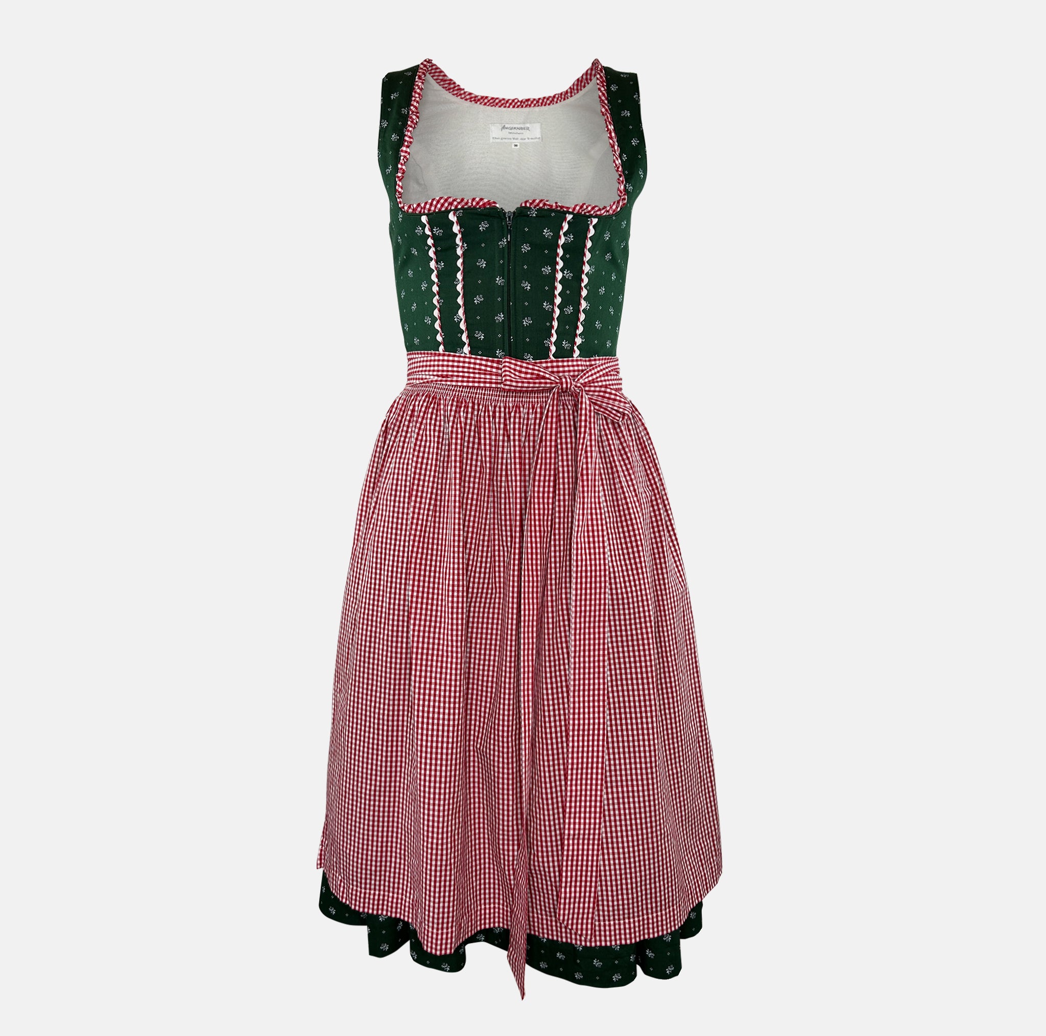 Angermaier Dirndl  rental via Versatile – dark green bodice with floral details, zip-front, ribbon trim, gingham apron; perfect Oktoberfest dirndl dress