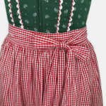 Rent the Angermaier Dirndl  – green floral bodice, zip closure, gingham apron and hem; traditional rental dirndl via Versatile