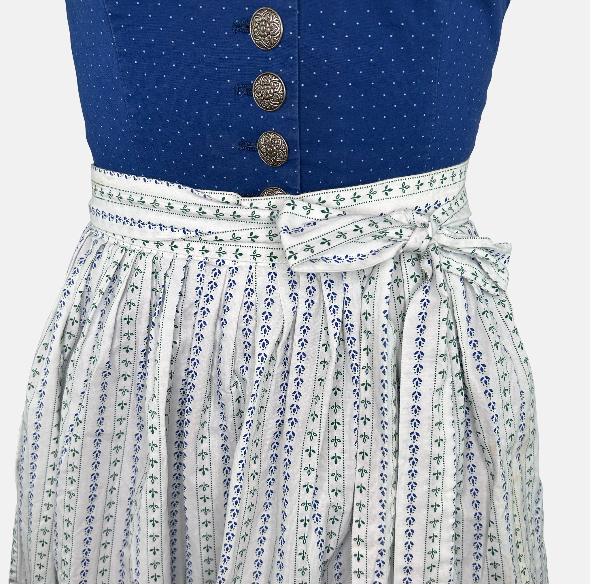Rent Apple of My Eye dirndl dress for Oktoberfest—V‑neck, silver buttons, floral apron, Versatile rental service