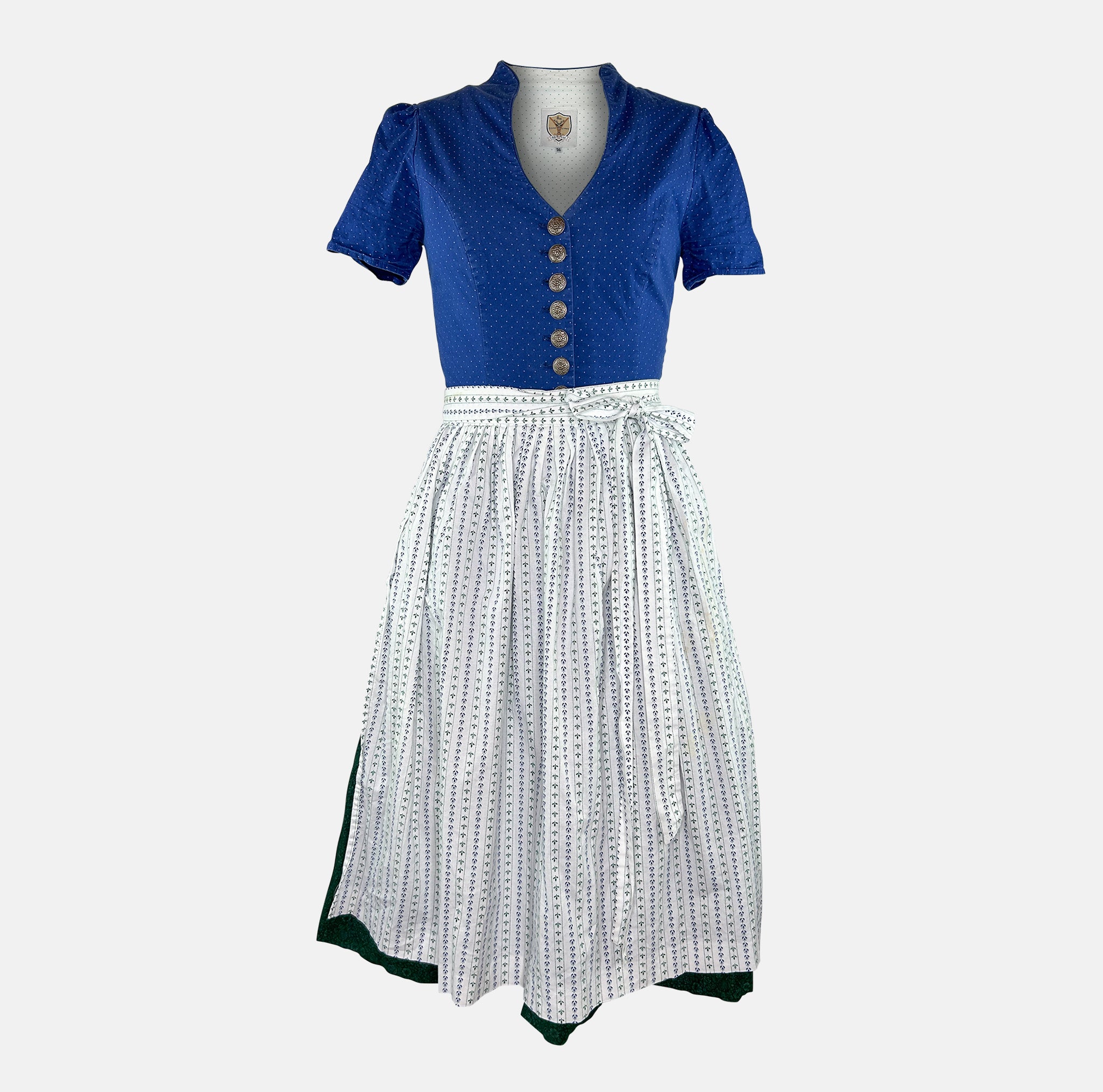 Versatile rental dirndl: Apple of My Eye dress, blue bodice and floral white apron, 65 cm skirt, matching blouse included