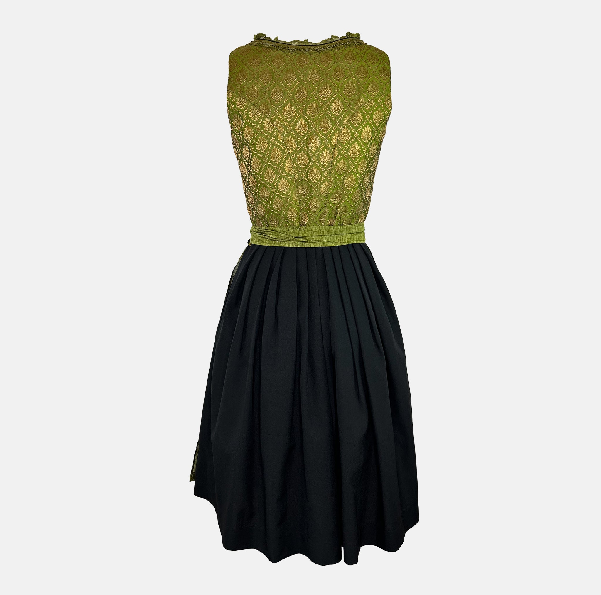 Versatile rental dirndl: Apple of My Eye Dirndl , rich olive-green brocade pattern, matching silk apron, rental dirndl dress
