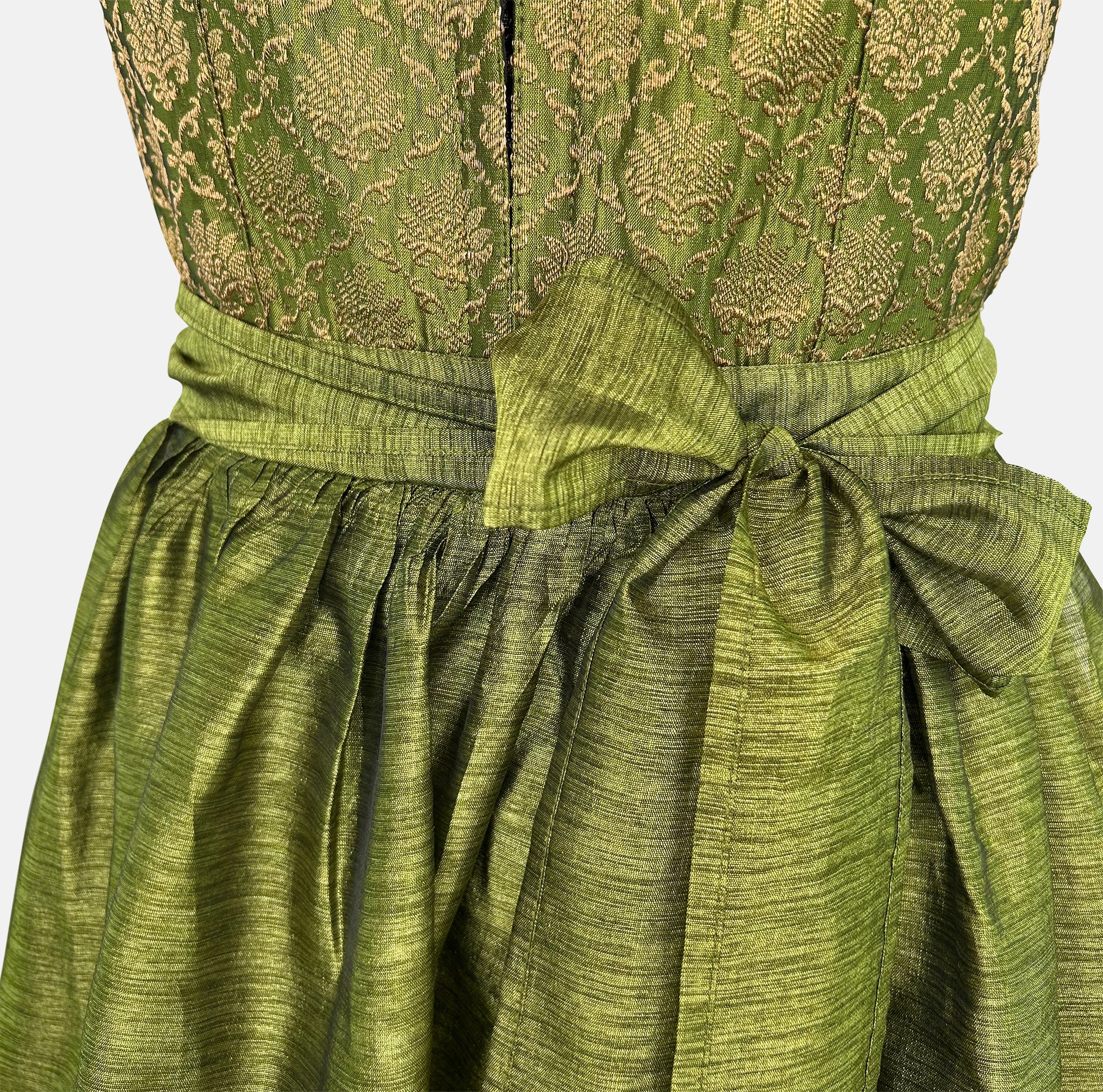 Rent Apple of My Eye Dirndl 4—square neckline, front hooks, olive brocade bodice and silk apron—Versatile Oktoberfest rental dirndl
