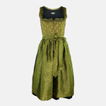 Apple of My Eye Dirndl 4 rental via Versatile – olive-green brocade bodice with ruffle trim, shimmering skirt with silk apron, elegant Oktoberfest dirndl dress