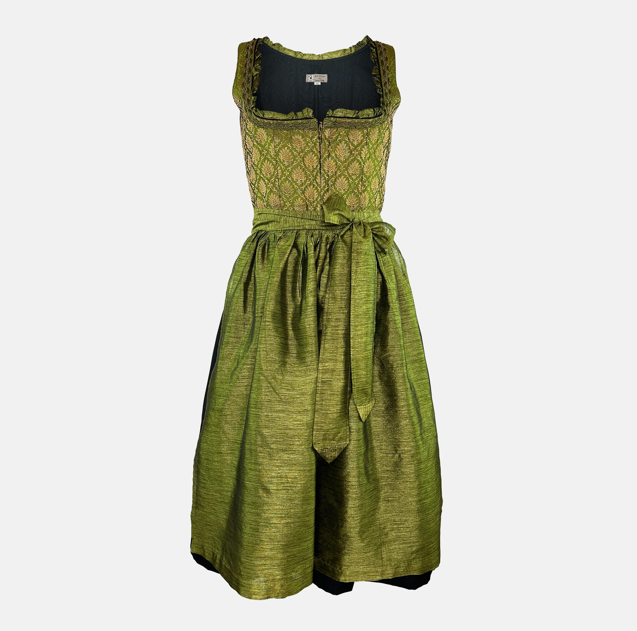 Apple of My Eye Dirndl 4 rental via Versatile – olive-green brocade bodice with ruffle trim, shimmering skirt with silk apron, elegant Oktoberfest dirndl dress