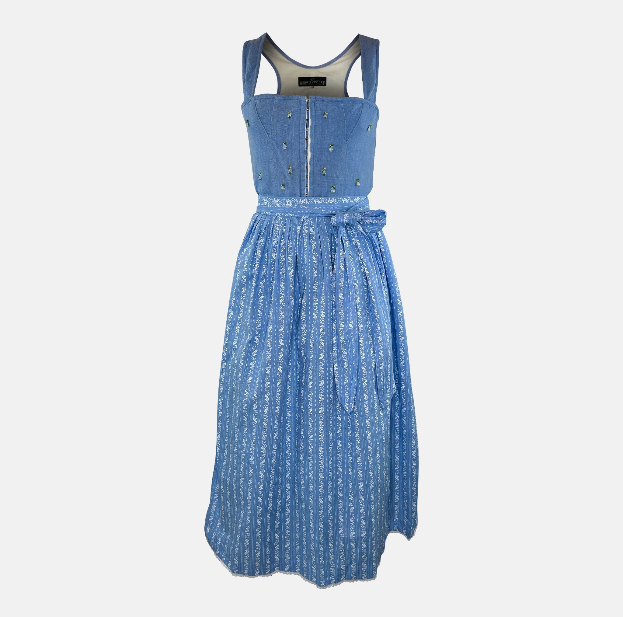 Berwin & Wolff Cute Dirndl rental via Versatile – blue floral embroidered bodice, thin straps, square neckline, ankle‑length skirt, Oktoberfest dirndl dress