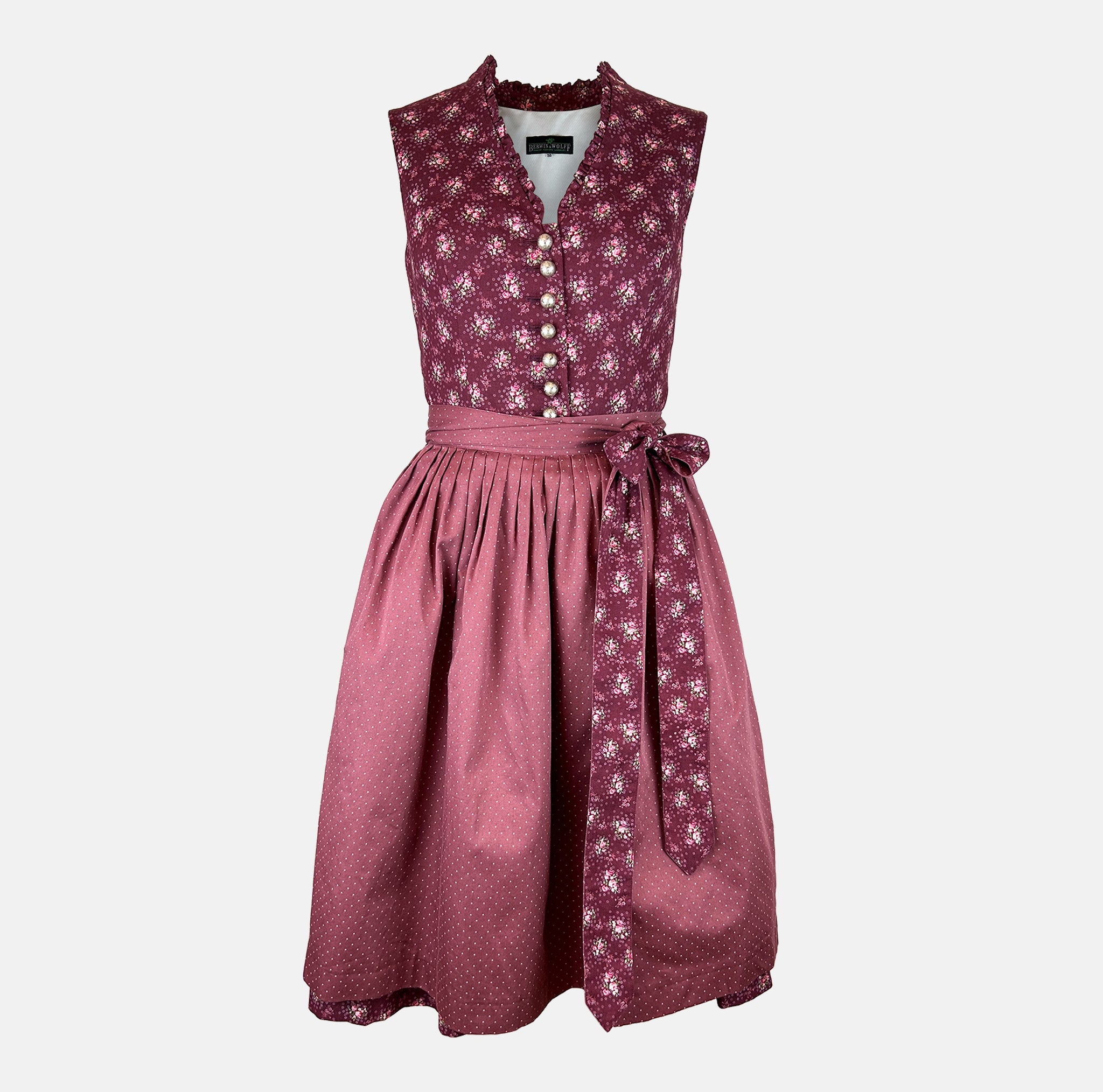Berwin & Wolff wine-red dirndl rental via Versatile – floral bodice, dotted skirt, pearl buttons, perfect Oktoberfest dirndl dress