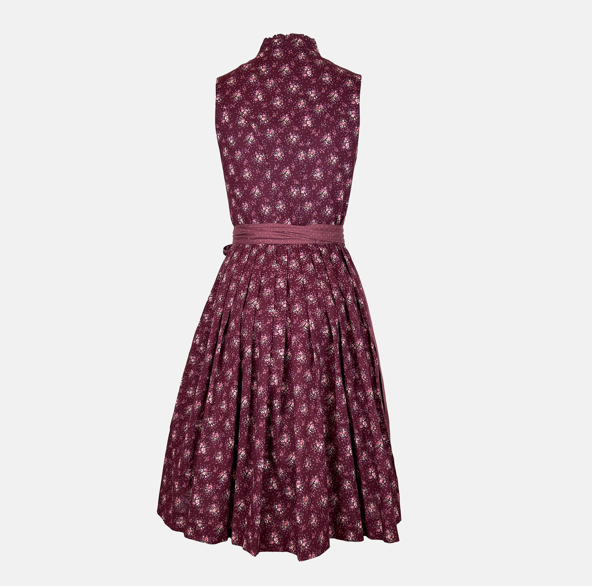 Versatile rental dirndl: Berwin & Wolff wine-red floral bodice with dotted skirt and pearl buttons for Oktoberfest