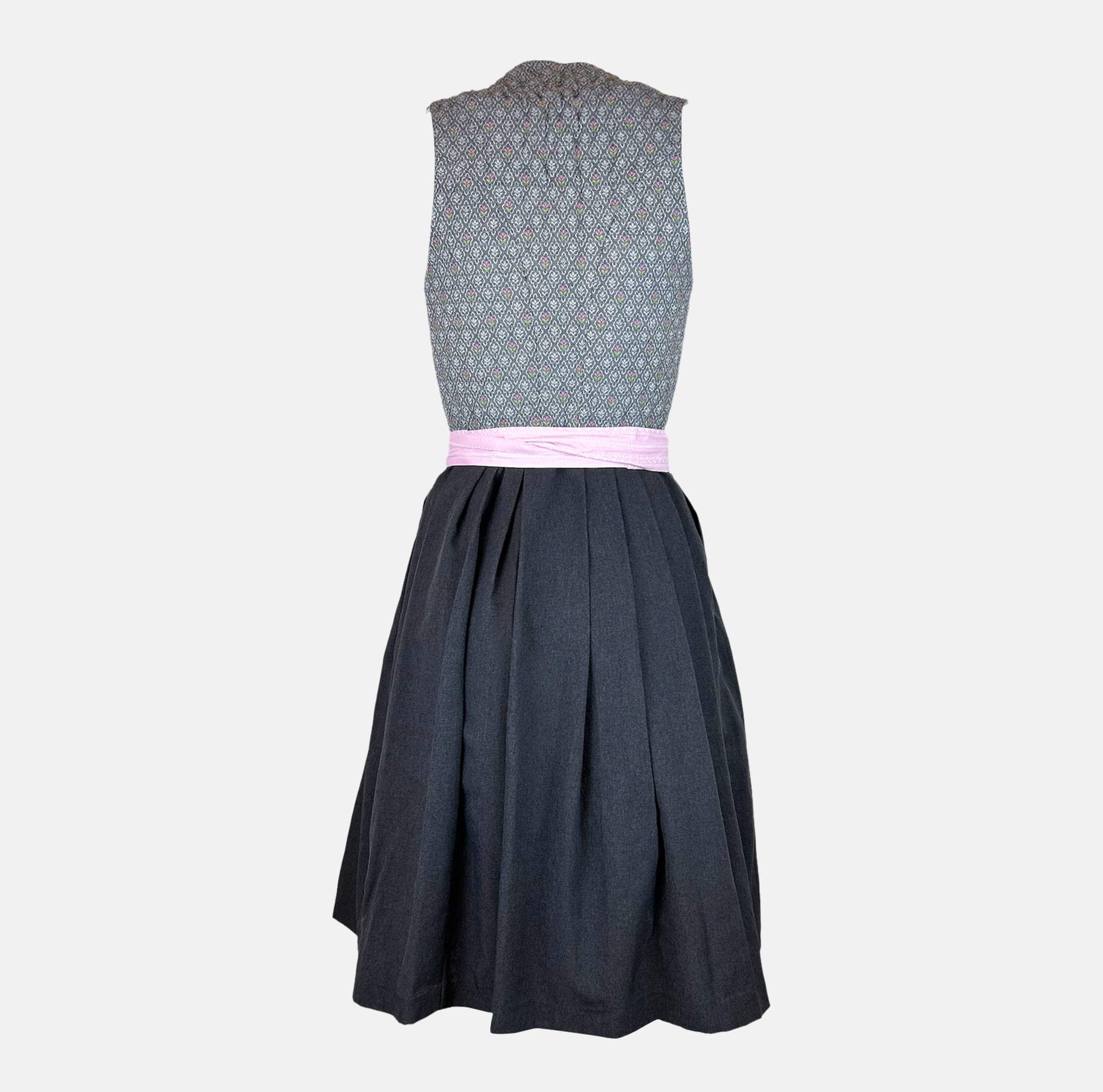 Traditional Berwin & Wolff Dirndl with a grey bodice and pink apron, available to rent at Versatile OTM.