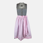 Traditional Berwin & Wolff Dirndl with a grey bodice and pink apron, available to rent at Versatile OTM.