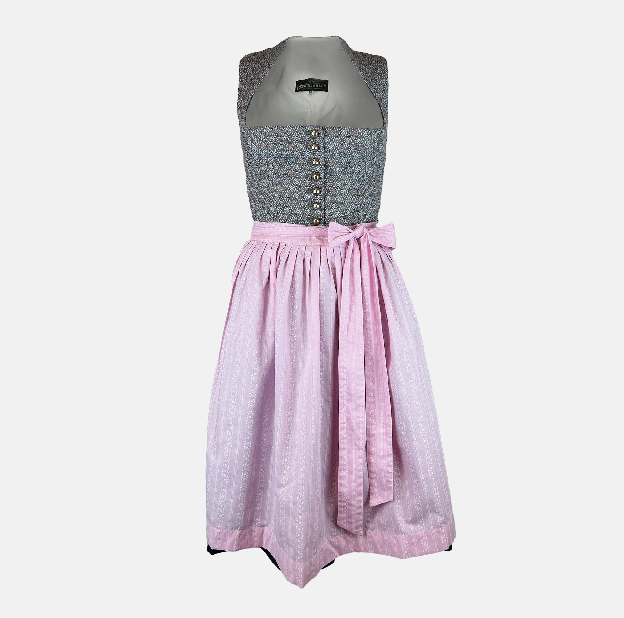 Traditional Berwin & Wolff Dirndl with a grey bodice and pink apron, available to rent at Versatile OTM.