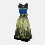 Berwin & Wolff Dirndl with royal blue embroidered bodice and shiny olive-green apron, available to rent at Versatile OTM.