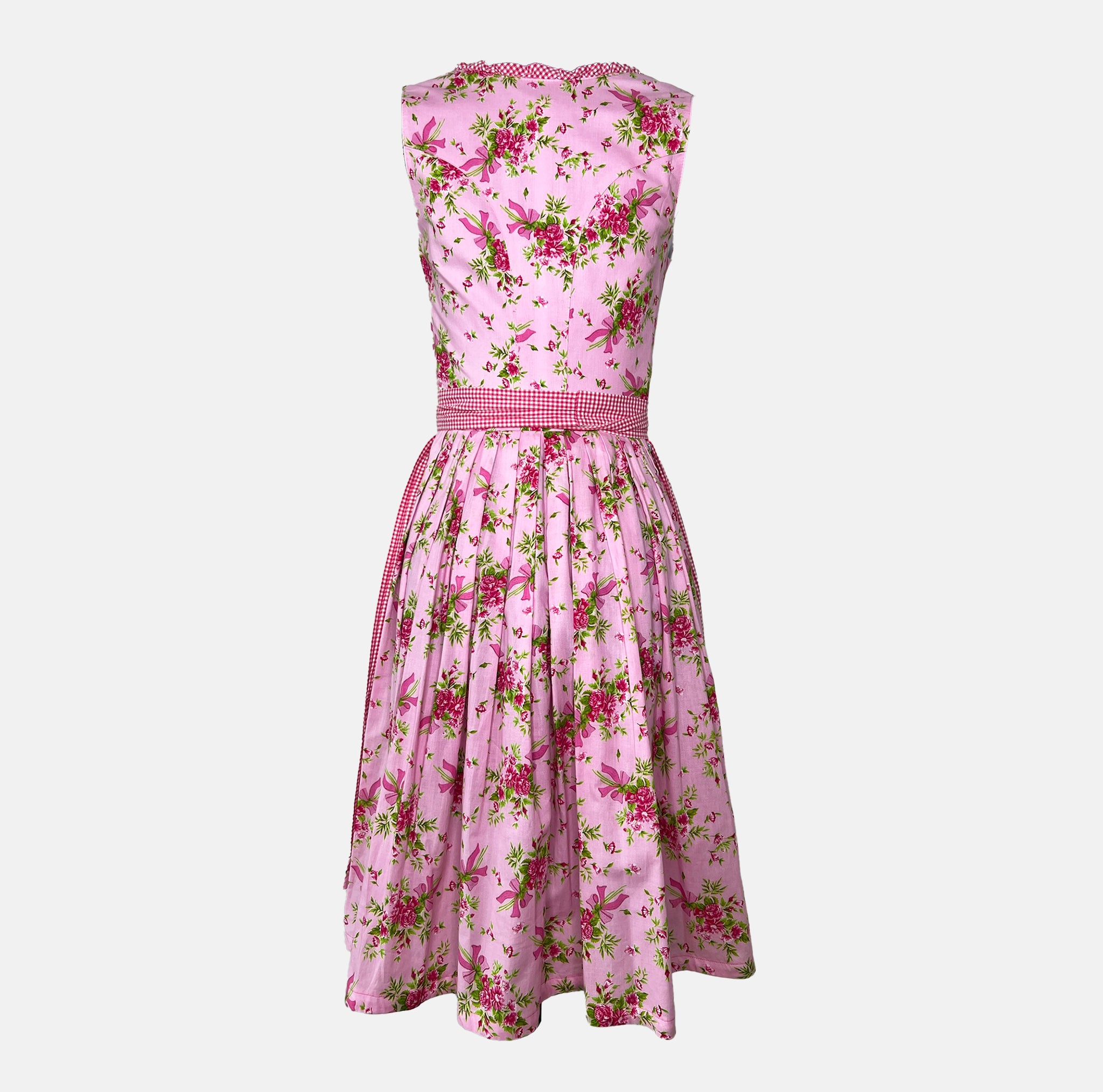 Berwin & Wolff dirndl in rose pink with satin ribbon lace bodice and matching apron—60 cm midi length, elegant and feminine, for Oktoberfest rental via Versatile.