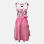 Berwin & Wolff dirndl in rose pink with satin ribbon lace bodice and matching apron—60 cm midi length, elegant and feminine, for Oktoberfest rental via Versatile.