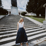 Berwin & Wolff striped dirndl rental in Munich with navy, white, and blue stripes, round neckline and 75 cm skirt—ideal for Oktoberfest.