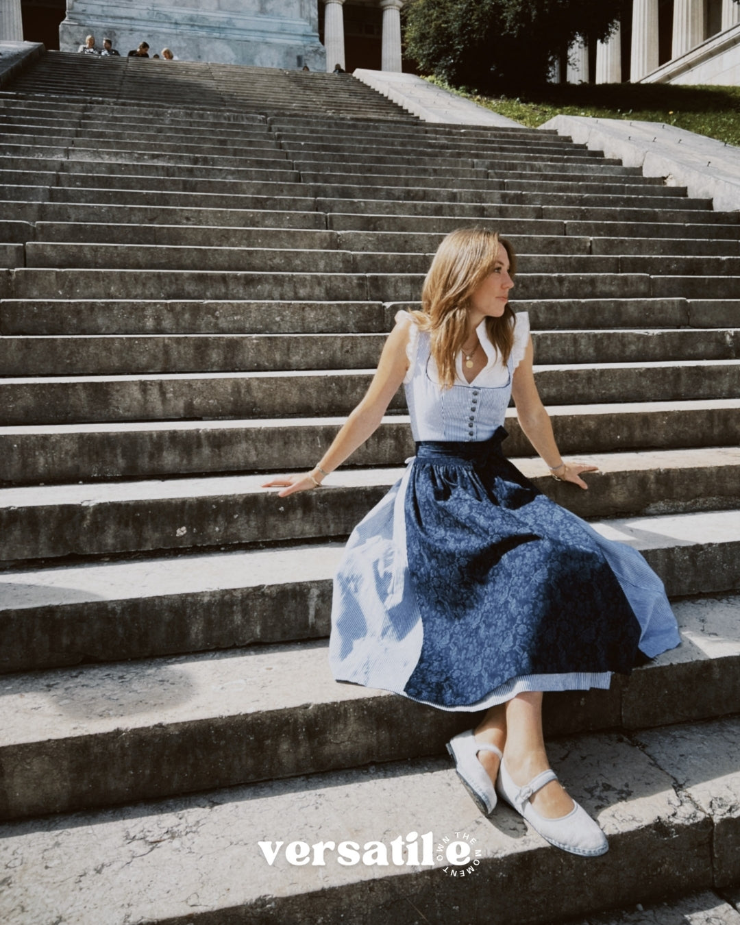 Munich Oktoberfest rental: Berwin & Wolff dirndl with navy striped cotton bodice, button front, and full 75 cm skirt.