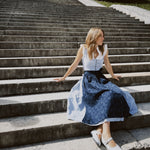 Munich Oktoberfest rental: Berwin & Wolff dirndl with navy striped cotton bodice, button front, and full 75 cm skirt.