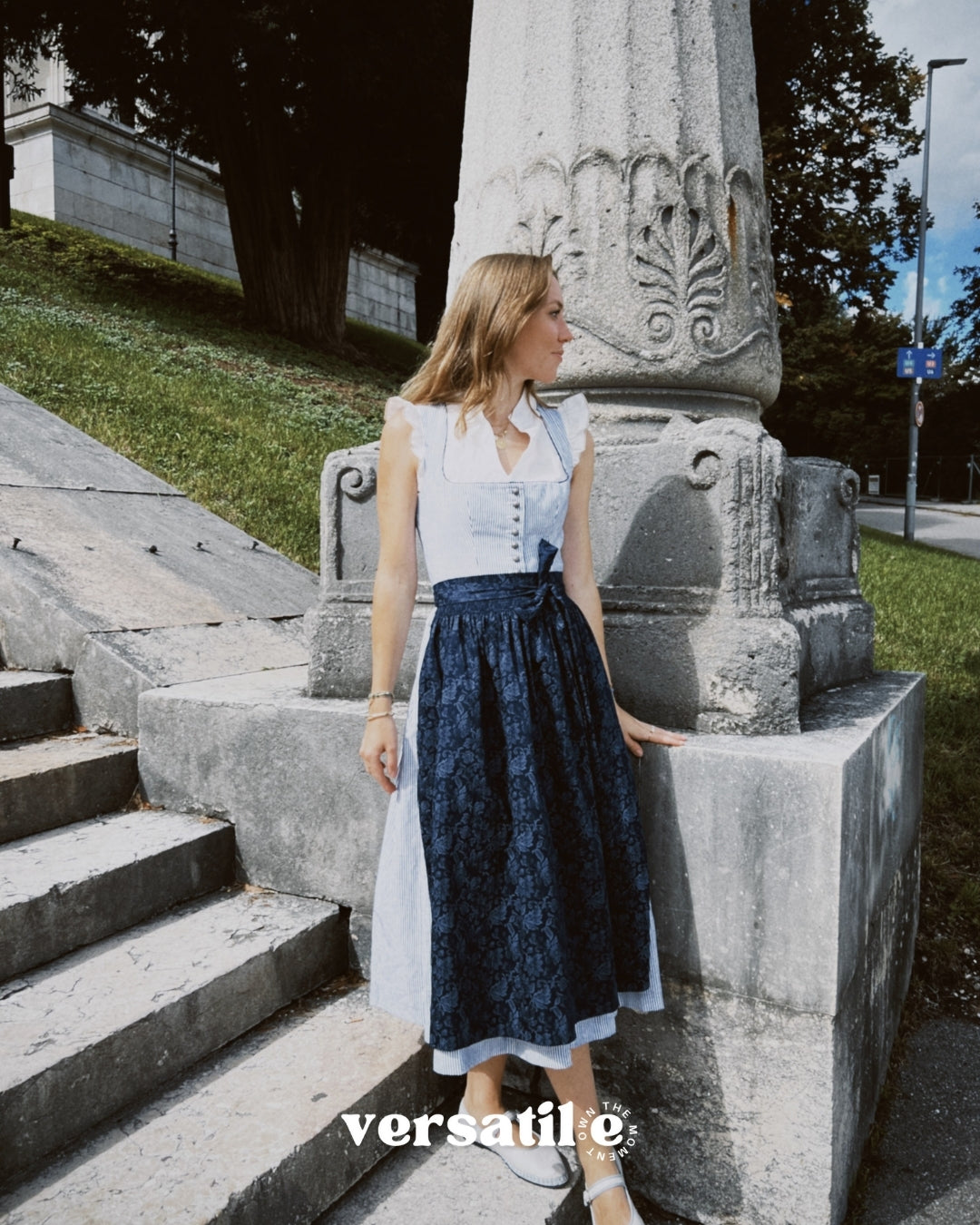 Traditional striped Berwin & Wolff dirndl dress for rent in Munich—comfortable cotton-linen blend, flattering silhouette, perfect for Oktoberfest.