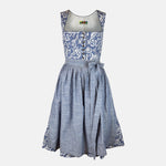 Berwin & Wolff Dirndl  rental via Versatile – blue and white baroque‑patterned bodice, silver buttons, pleated skirt with plaid apron, below‑knee length
