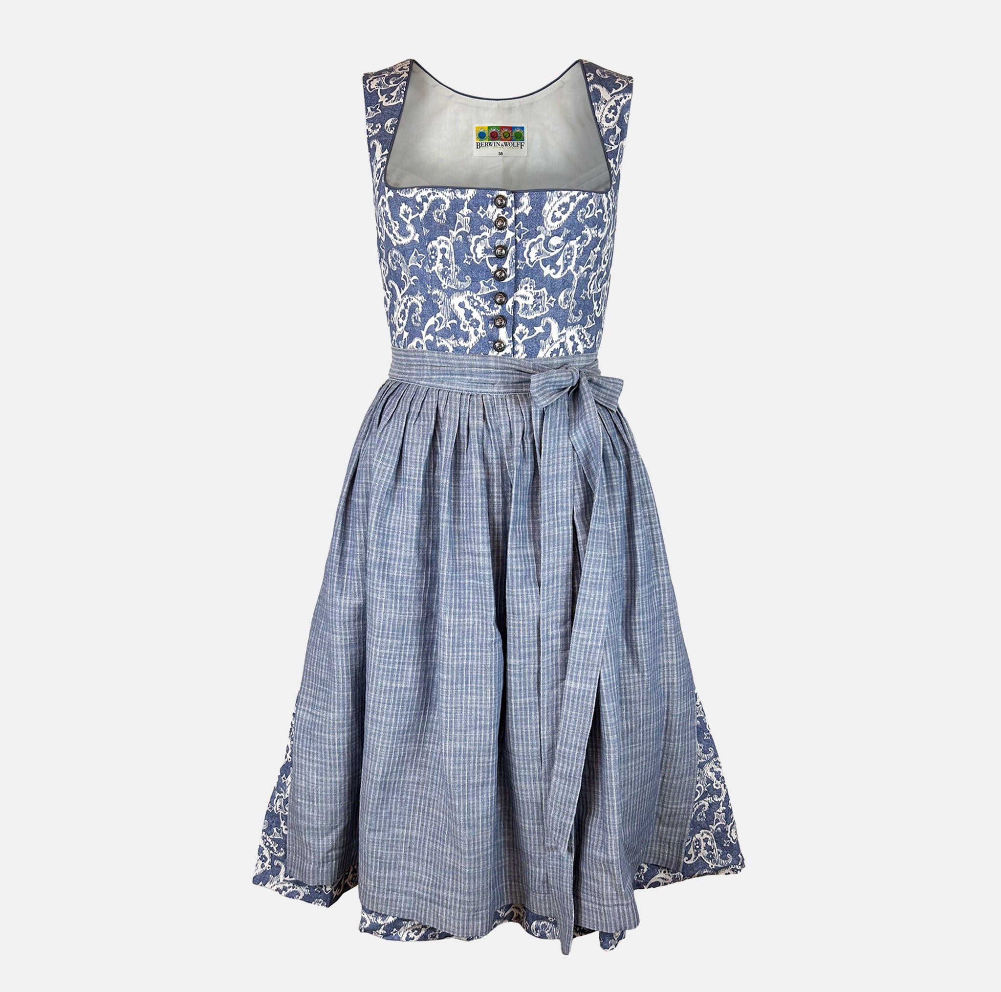 Berwin & Wolff Dirndl  rental via Versatile – blue and white baroque‑patterned bodice, silver buttons, pleated skirt with plaid apron, below‑knee length