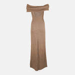 Off-the-shoulder dress by Brandon Maxwell in camel features