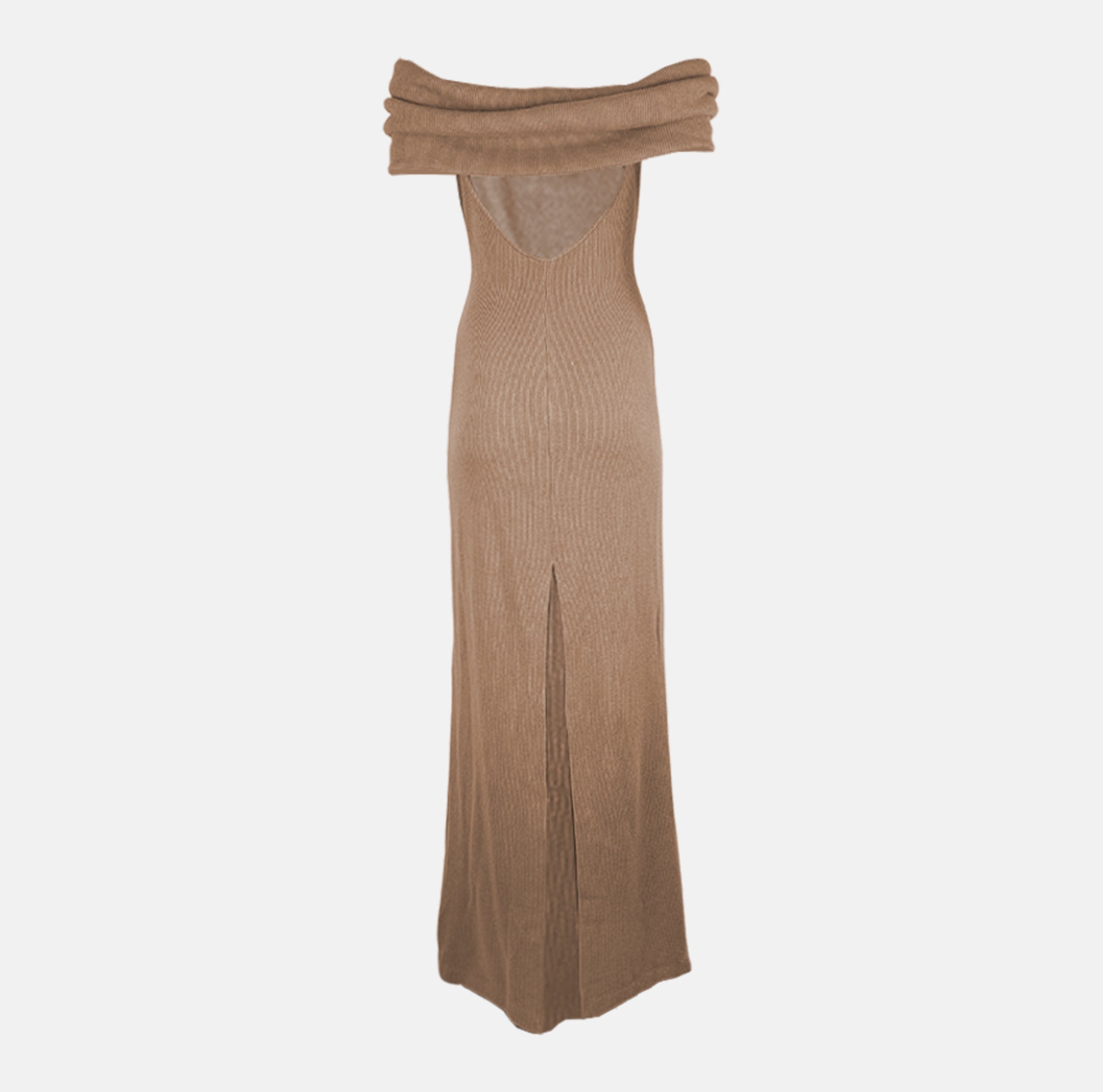 Off-the-shoulder dress by Brandon Maxwell in camel features