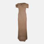 Off-the-shoulder dress by Brandon Maxwell in camel features