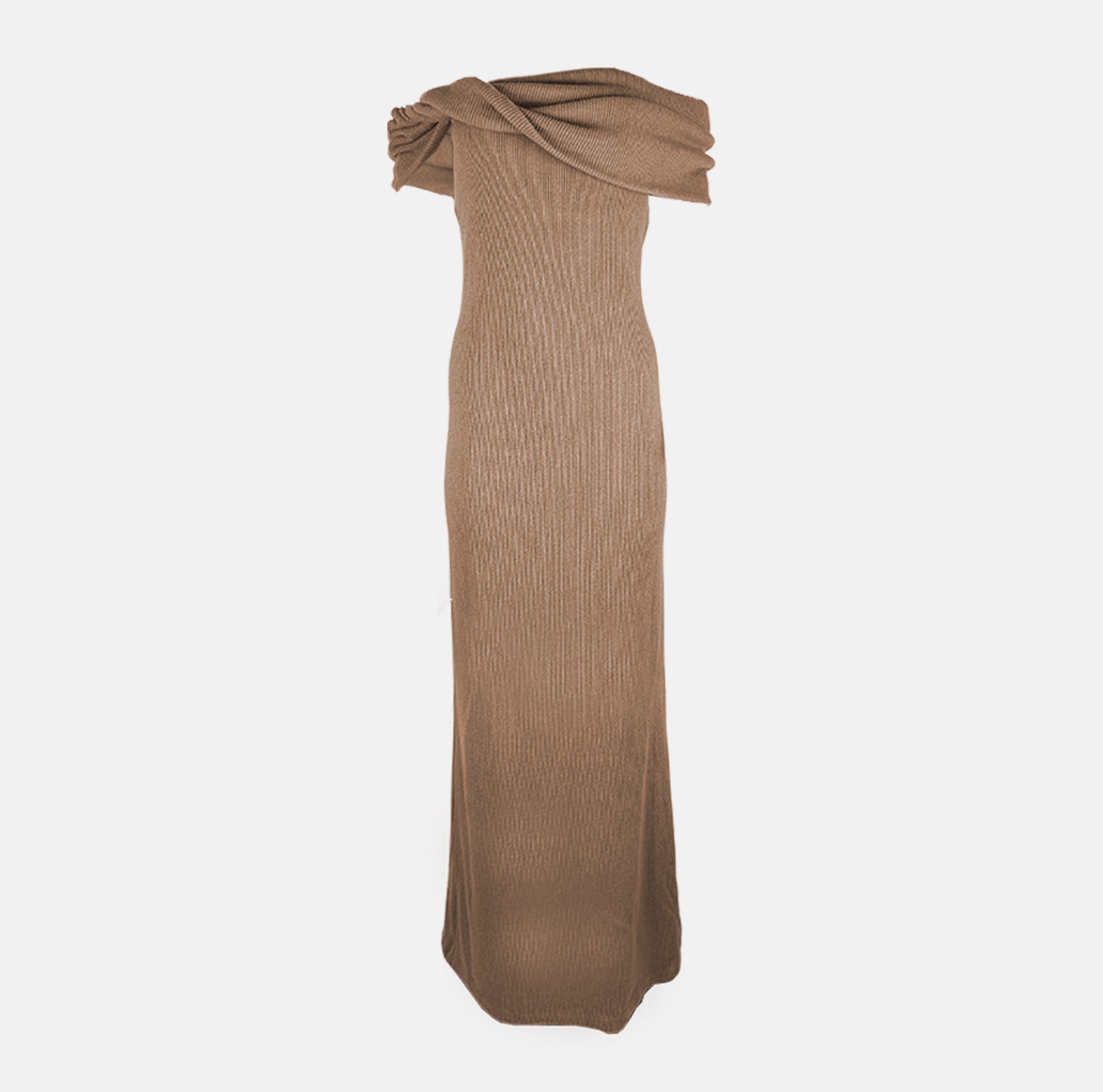 Off-the-shoulder dress by Brandon Maxwell in camel features