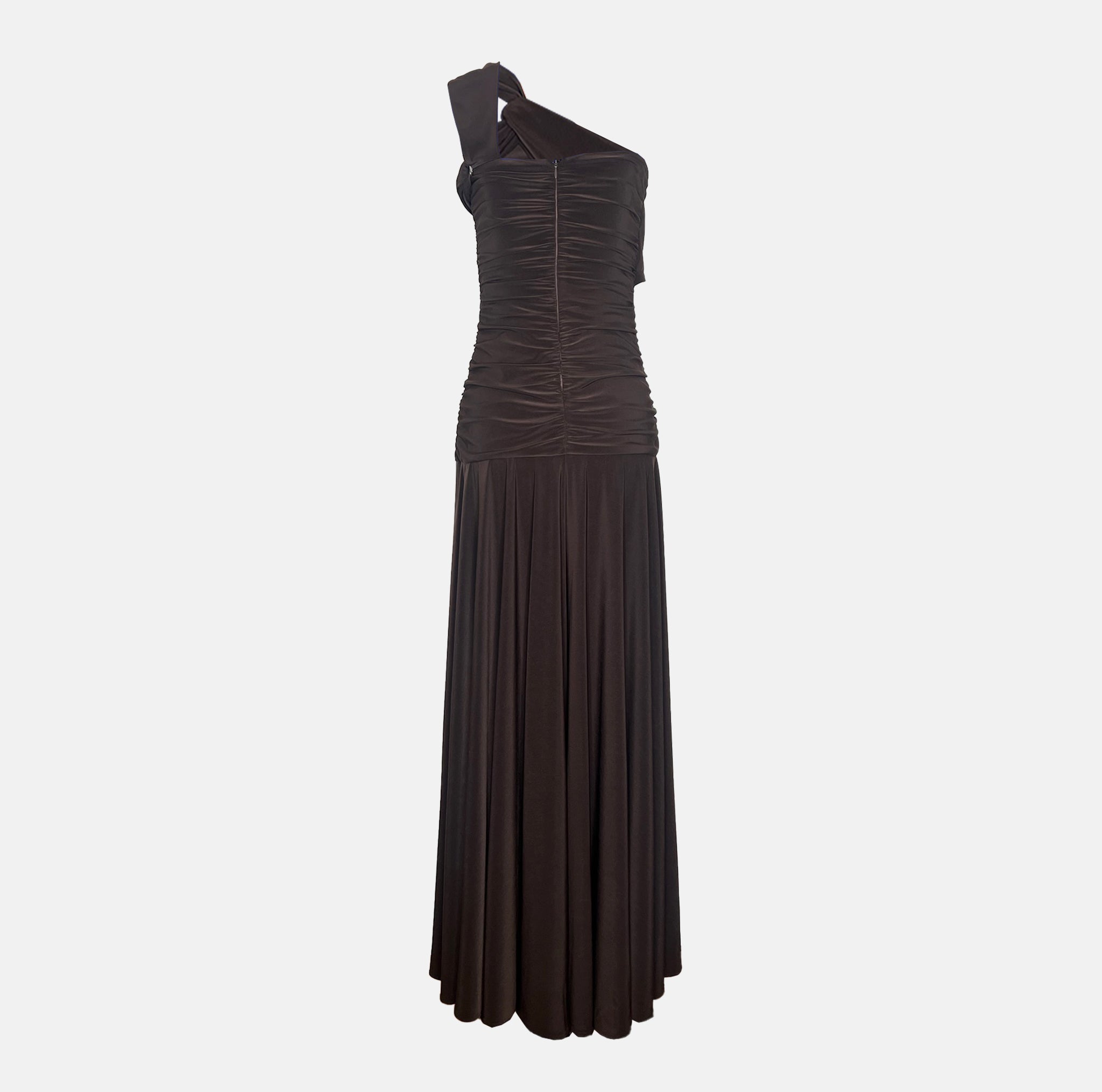 Brown one-shoulder Cumbia evening dress by Miphai back  