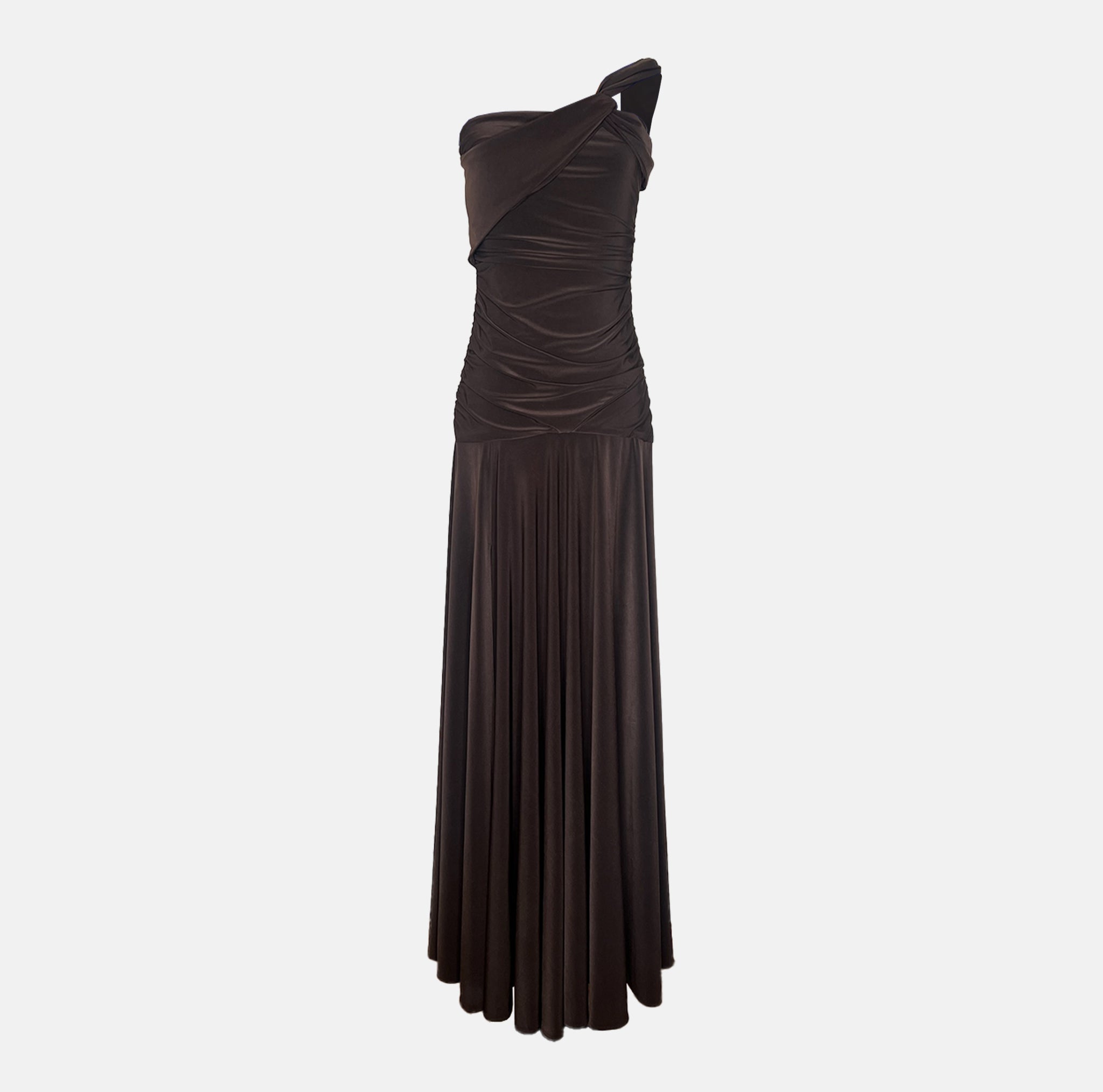 Brown one-shoulder Cumbia evening dress by Miphai front  
