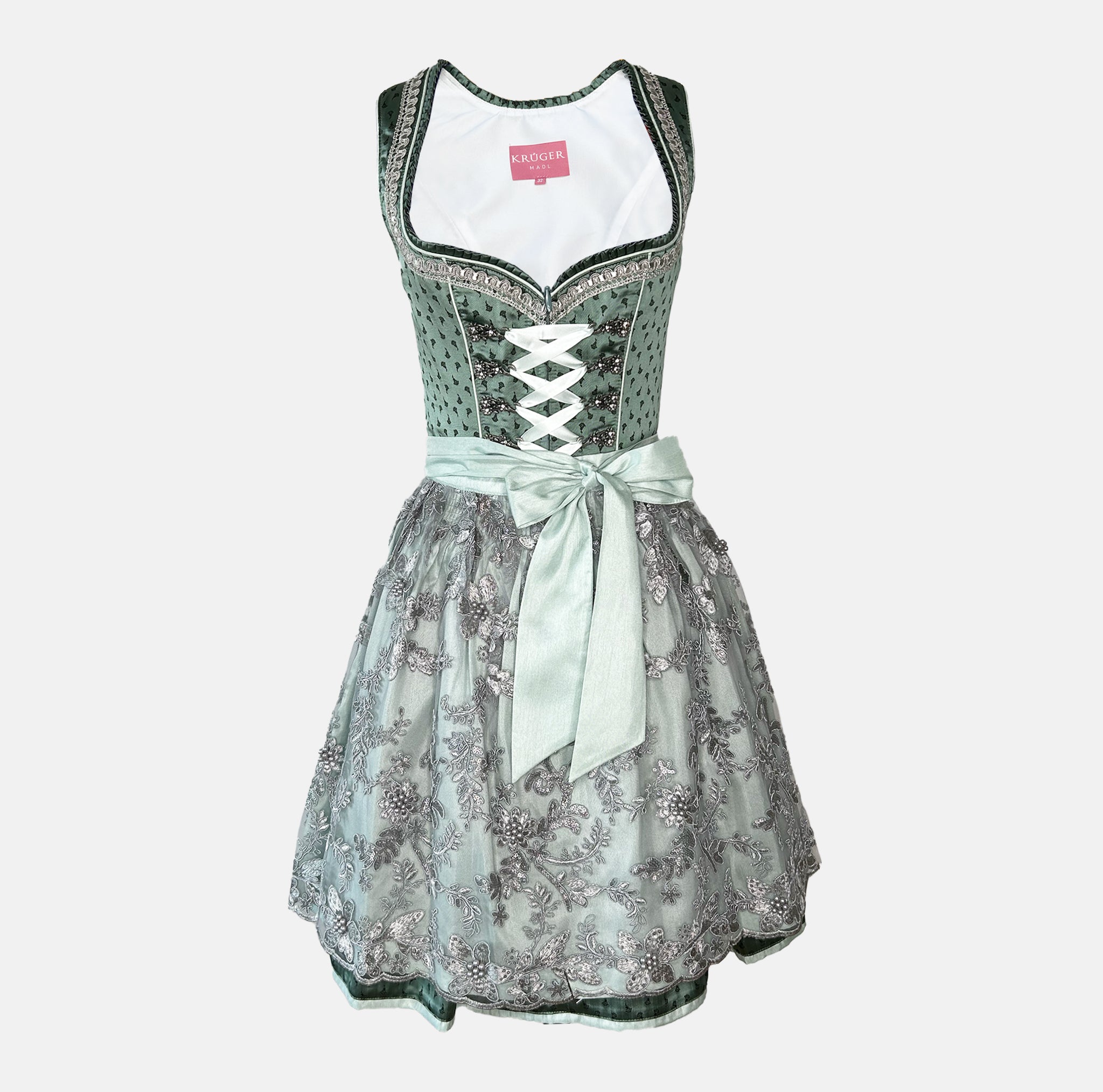 Affordable dirndl dress rental in Munich or online. Rent the elegant Krüger Dirndl Hira in green—perfect for Oktoberfest and events. Book your dirndl cheap today!