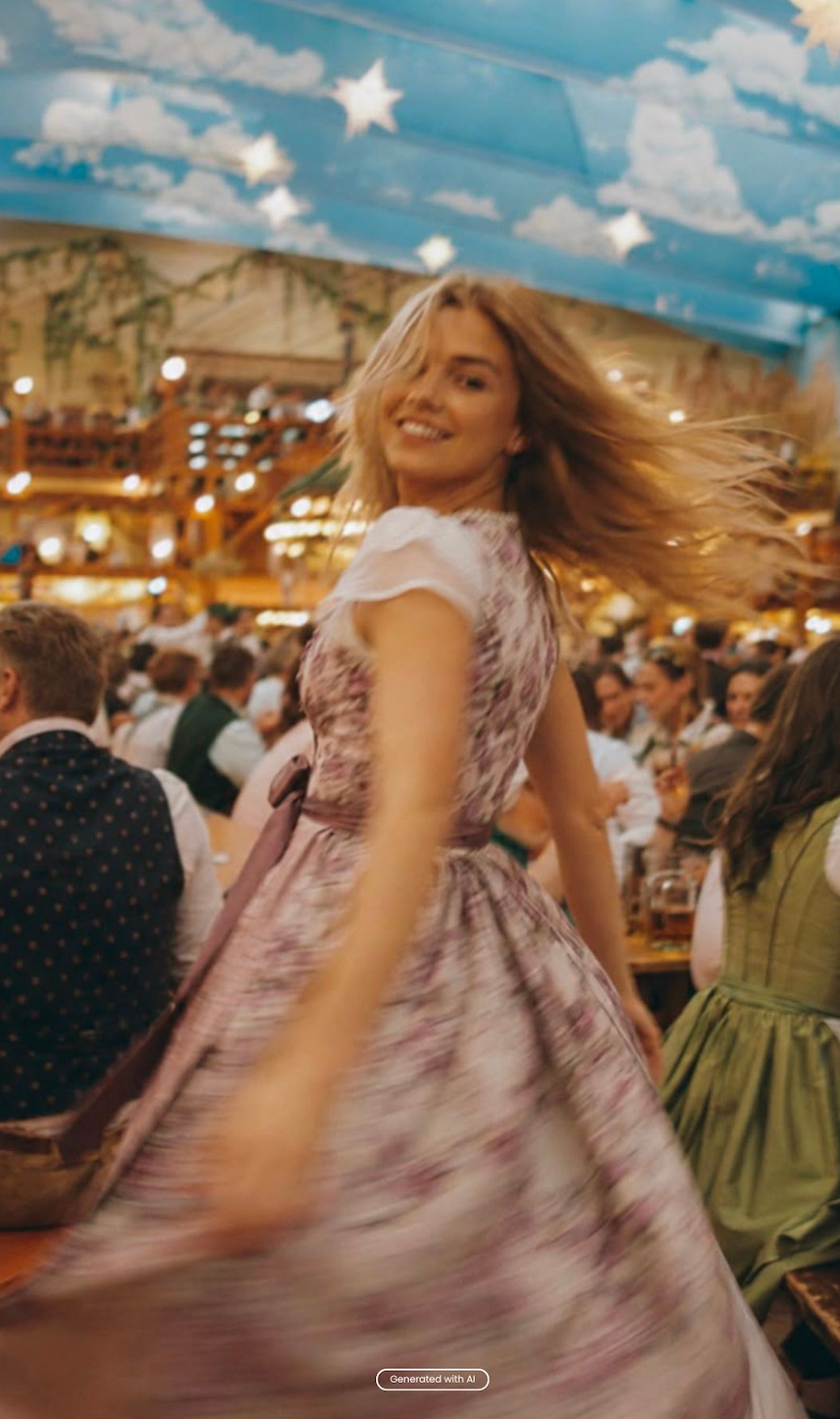 A woman in a traditional German Dirndl dress with a floral pattern dances in a crowded beer hall under a blue ceiling decorated with clouds and stars at Oktoberfest 2026