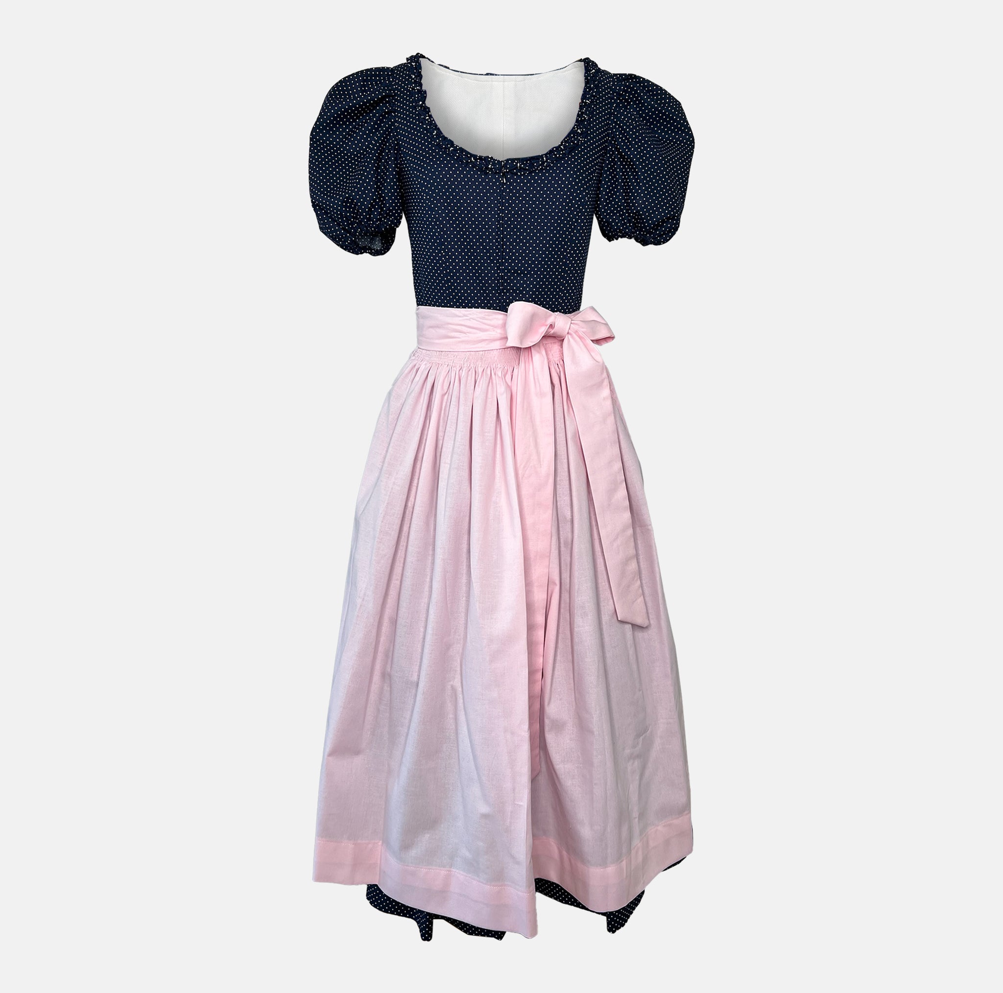 Navy puff-sleeve and pink-apron Versatile Collection dirndl Shannon, premium Munich rental for Oktoberfest.