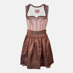Front: Short Krüger Dirndl Zafina with shimmering rose-pink bodice, heart-shaped neckline, and brown patterned apron – available to rent via Versatile.