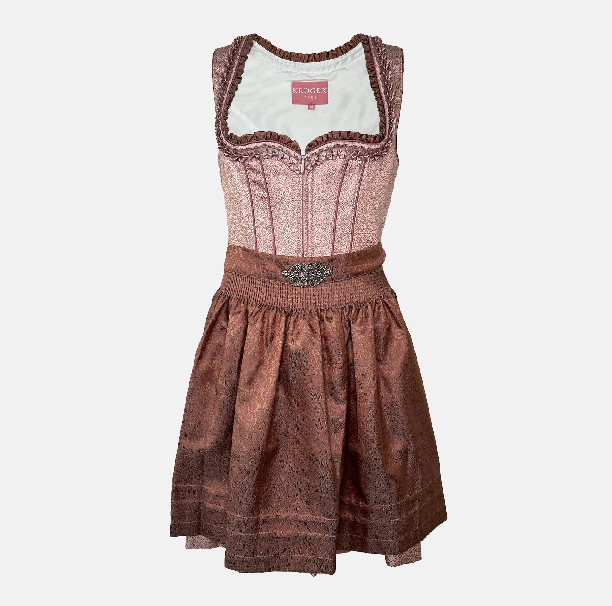 Front: Short Krüger Dirndl Zafina with shimmering rose-pink bodice, heart-shaped neckline, and brown patterned apron – available to rent via Versatile.