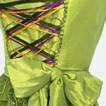 Lime-green Bavarian rental dirndl with colorful lace-up bodice and embroidered apron, available at Versatile OTM in Munich, owned by Beer&Pretzel Tours.