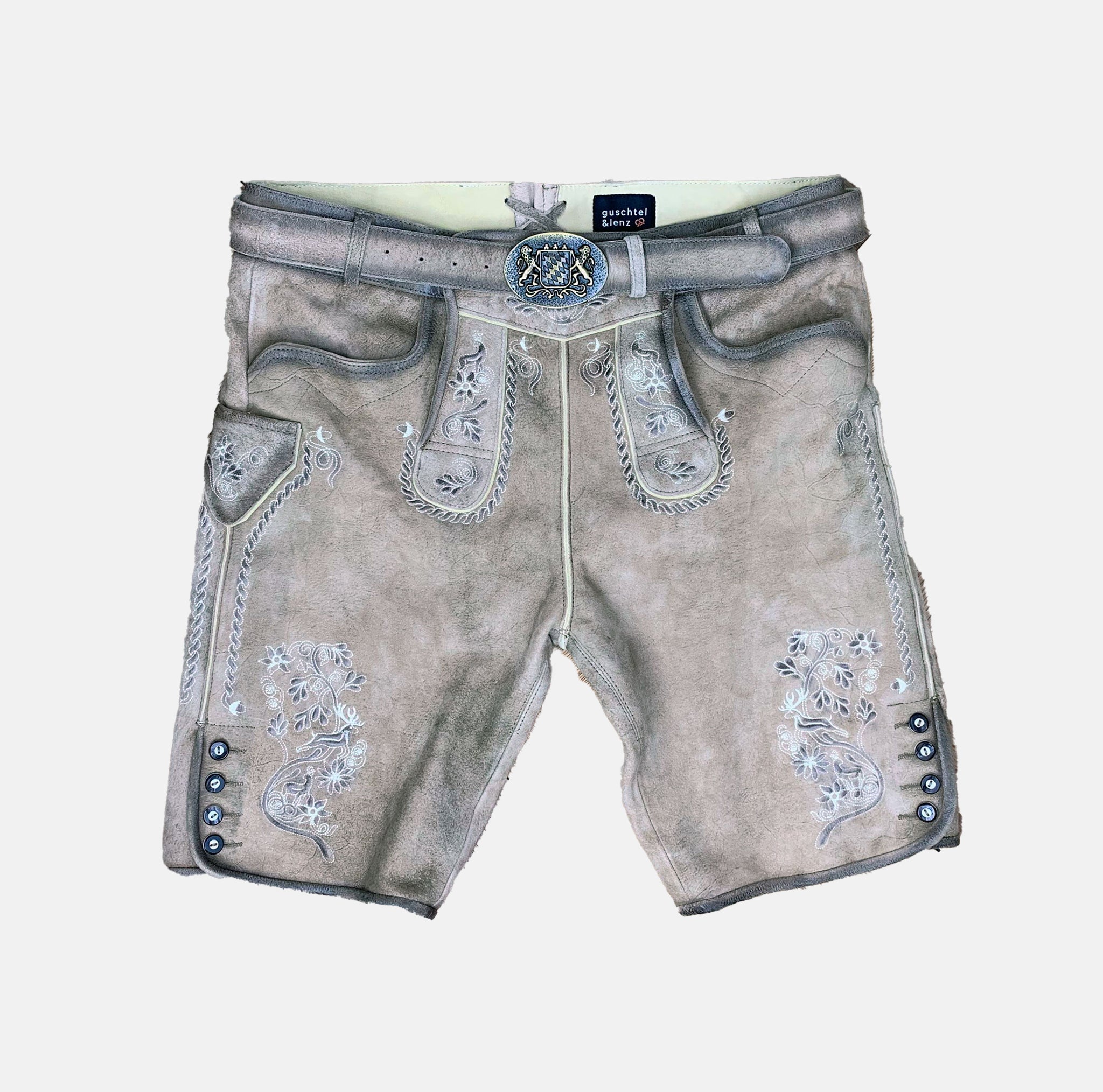 Traditional leather shorts with floral embroidery and a belt - rentable in Munich
