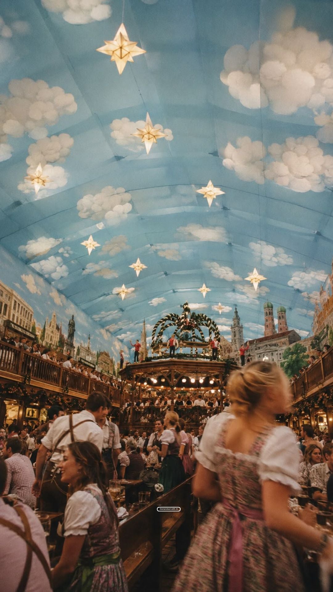 A crowded Oktoberfest tent of the Hackerfestzelt interior with people in traditional Bavarian dirndl and lederhosen.
