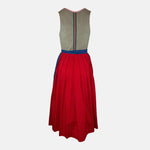 A traditional Hammerschmid Dirndl dress featuring a blue skirt with a floral pattern and a beige bodice with embroider
