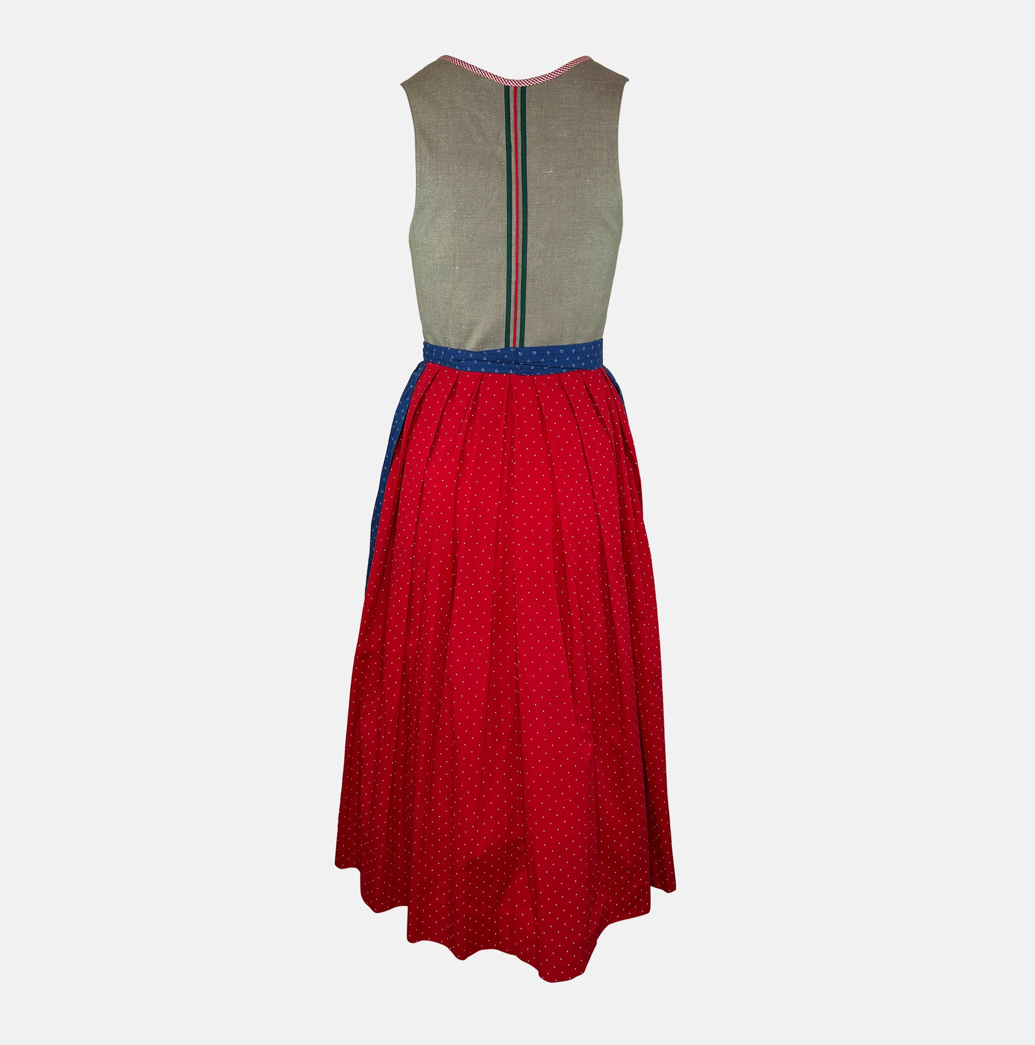 A traditional Hammerschmid Dirndl dress featuring a blue skirt with a floral pattern and a beige bodice with embroider
