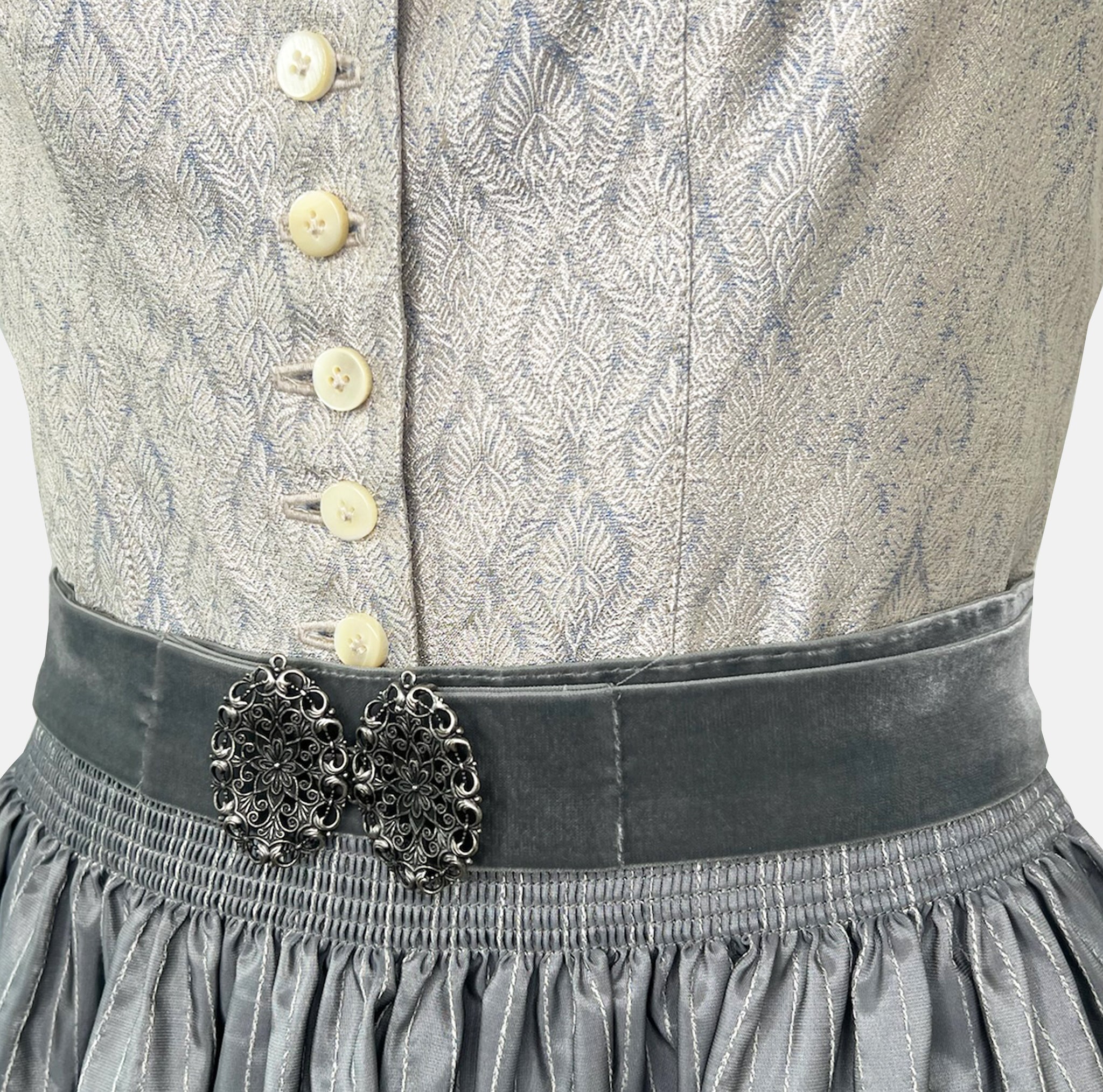 Hammerschmid Dirndl with silver bodice, grey pinstriped apron, and decorative belt buckle, available for rent at Versatile OTM.