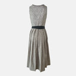 Hammerschmid Dirndl with silver bodice, grey pinstriped apron, and decorative belt buckle, available for rent at Versatile OTM.