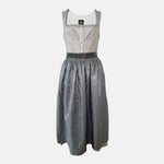 Hammerschmid Dirndl with silver bodice, grey pinstriped apron, and decorative belt buckle, available for rent at Versatile OTM.